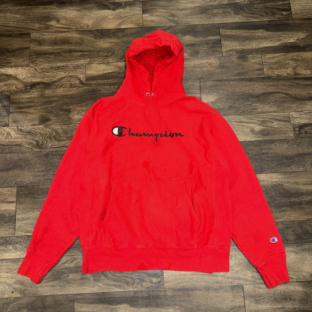 Champion Hoodie Reverse Weave Fleece Pullover Men's Size L Red Script Logo